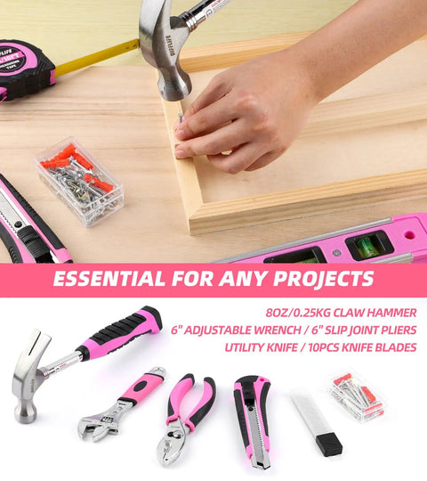 Stylish 131-Piece Pink Tool Kit for Women with Essential Hand Tools Like Hammer, Adjustable Wrench, Pliers, Screwdrivers, and Scissors