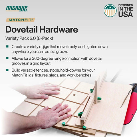 Hands using Dovetail Hardware Variety Pack 2.0 for woodworking track system, building flexible fences and stops, slide and lock setup.