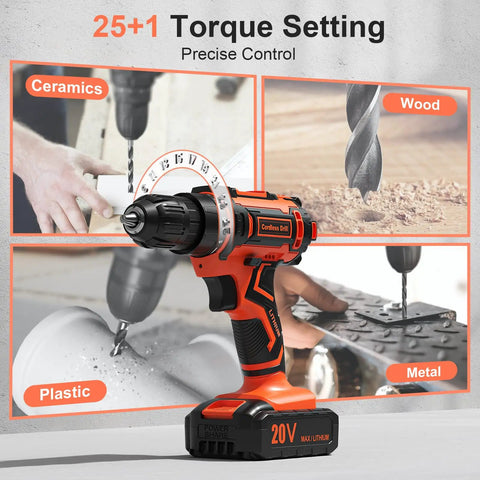 Cordless Drill Set For DIY Projects Go To 20V Power Drill With 2Ah Battery And Charger Three Eighths Inch Keyless Chuck 25 Plus 1 Clutch
