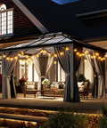 Installed 10x12 Ft Hardtop Aluminum Gazebo With Curtains And Netting, Permanent Outdoor Pavilion With Lights, Patio Setting