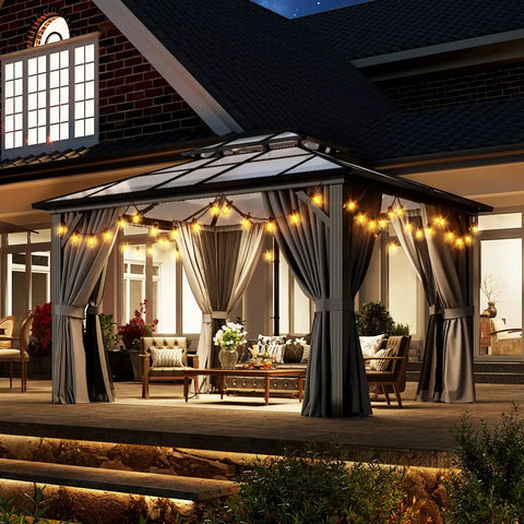 Installed 10x12 Ft Hardtop Aluminum Gazebo With Curtains And Netting, Permanent Outdoor Pavilion With Lights, Patio Setting