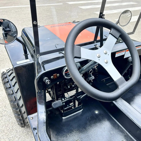 Steering wheel and dashboard of 125cc Go Kart With 3 Speed Manual Transmission, Two Seats, Electric And Kick Start, Top Speed 35 MPH