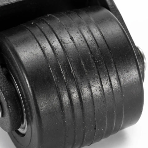 Close-up of heavy-duty PVC rubber wheel on rigid L shape plate mount casters for tool box and workbench, non swivel design
