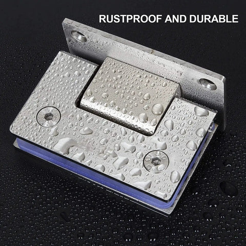Soft Close Stainless Steel Shower Door Hinges Two Pack For Frameless Glass 8 To 10 mm with water droplets, 180-degree clamp mount