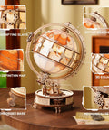 Illuminated Rotating Wooden Globe Puzzle Night Light Kit 185 Piece 3D Geography Model For Adults And Teens 14 Plus No Glue Needed Learn While You Build Hands On with base and gears