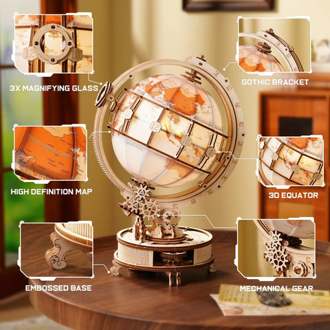 Illuminated Rotating Wooden Globe Puzzle Night Light Kit 185 Piece 3D Geography Model For Adults And Teens 14 Plus No Glue Needed Learn While You Build Hands On with base and gears