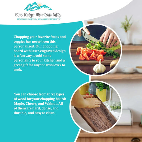 Wooden cutting board with personalized laser engraving; Blue Ridge Mountain Gifts on teal banner