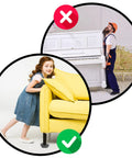 Heavy Duty Furniture Lifter With 4 Sliders For Easy Moving Of Heavy Furniture And Appliances Adjustable Height 660 Lbs Per Wheel Load Capacity Bright Orange showing child with sofa and man with piano.