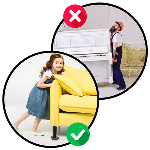 Heavy Duty Furniture Lifter With 4 Sliders For Easy Moving Of Heavy Furniture And Appliances Adjustable Height 660 Lbs Per Wheel Load Capacity Bright Orange showing child with sofa and man with piano.