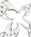 Heavy Duty Locking Pliers Set With Curved And Straight Jaws Includes Five Inch Seven Inch Ten Inch And Six And A Half Inch Pliers Built In Wire Cutter All Steel Forged Construction And Adjustable Grip For Slippage Free Hold