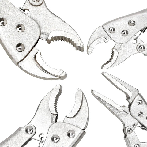 Heavy Duty Locking Pliers Set With Curved And Straight Jaws Includes Five Inch Seven Inch Ten Inch And Six And A Half Inch Pliers Built In Wire Cutter All Steel Forged Construction And Adjustable Grip For Slippage Free Hold