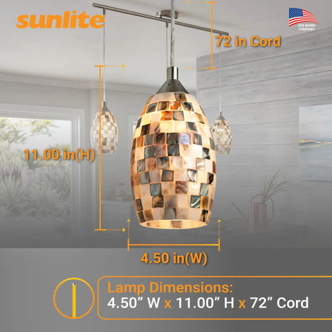Pendant light fixture with iridescent glass shade, 11 x 4.5 inches, 72-inch adjustable cord, brushed nickel finish, room setting