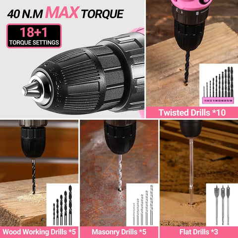 20V Cordless Drill Kit With Driver and Tool Box Battery Included for DIY Projects showing drill bits and torque settings chart.