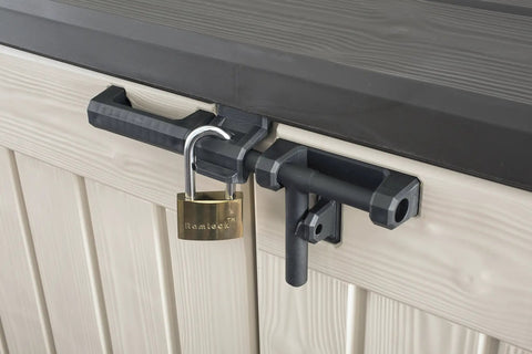 Lock mechanism on All Weather Heavy Duty Outdoor Storage Shed Made From Resin Plastic For Forty Two Cubic Feet Of Easy Patio Garden Tool Organization In Earthy Brown Shade.