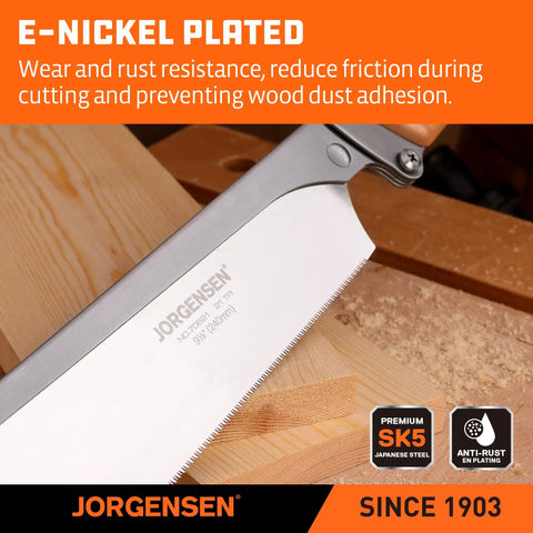 9.5 Inch Folding Dovetail Saw With Beech Wood Handle, Pro Japanese Pull Saw with SK5 Steel Blade, shown cutting wood