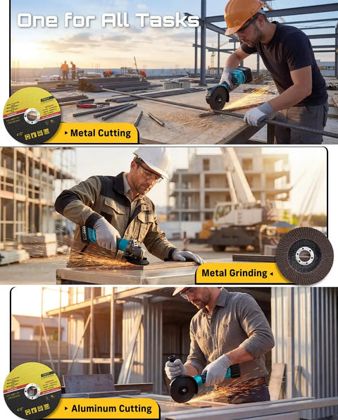 Worker using Cordless 21V Angle Grinder With Brushless Motor Delivers Up To 9500 RPM Lightweight 4-1/2 Inch Tool for metal cutting.