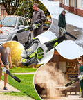 Collage of Cordless Leaf Blower 650 CFM With Dual 4.0Ah Batteries And Charger, Lightweight Yard And Patio Cleaner in use