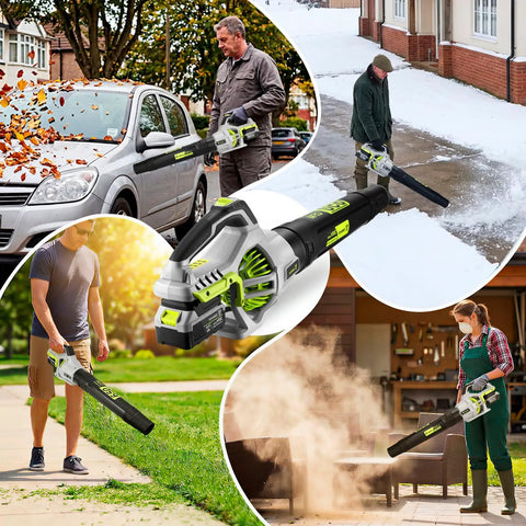 Collage of Cordless Leaf Blower 650 CFM With Dual 4.0Ah Batteries And Charger, Lightweight Yard And Patio Cleaner in use