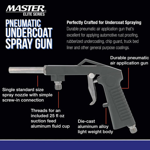 Pneumatic Undercoating Spray Gun with dead on air regulator and 25 oz aluminum cup for rust proofing applications.