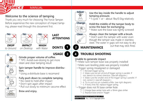 Manual for 58.35 Mm Espresso Coffee Tamper Kit detailing usage, maintenance, and troubleshooting instructions.