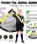 Child holding Two 6x4 Ft Portable Soccer Goals For Backyard Play With Detachable Scoring Target, Ball And Pump Included