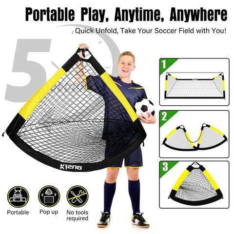 Child holding Two 6x4 Ft Portable Soccer Goals For Backyard Play With Detachable Scoring Target, Ball And Pump Included