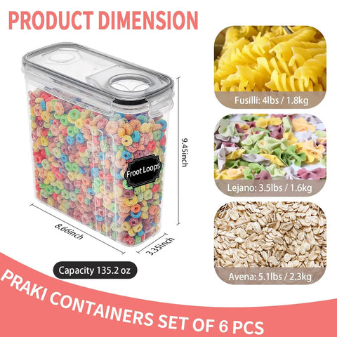 Six Piece Large Airtight Food Storage Containers With Lids 4L Cereal Canisters For Pantry Organization Includes 20 Labels And Marker Leak Proof Durable Black Set For Flour Sugar Rice Nuts Snacks Pet Food And More shown in detail with dimensions and food examples.