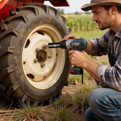Person using tool on tractor wheel in field