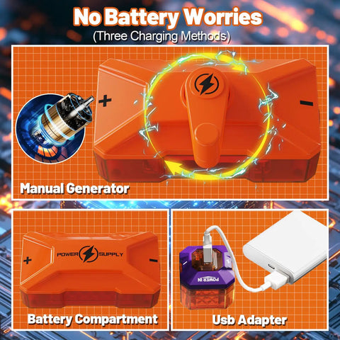 Hands On Science Kit For Kids With 420 Plus Projects And 50 Circuit Parts showing power supply options: manual, battery, USB