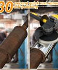 BURMONG wool polishing wheel kit; side view showing rusted metal rod.

BURMONG wool polishing wheel kit; installed on yellow and black angle grinder buffing rusted pipe.