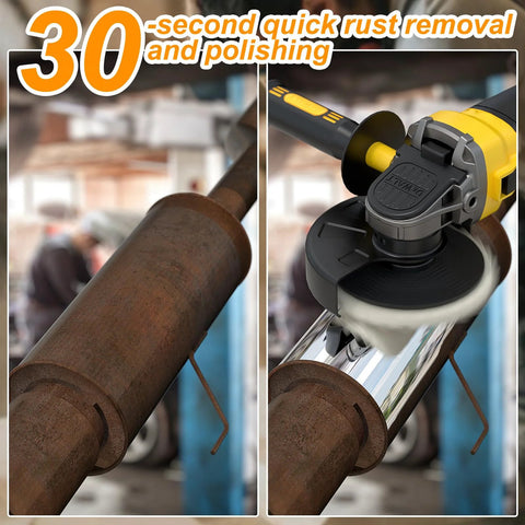 BURMONG wool polishing wheel kit; side view showing rusted metal rod.

BURMONG wool polishing wheel kit; installed on yellow and black angle grinder buffing rusted pipe.