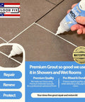Twist And Grout Reviver Premixed Tile Repair For Bathroom, Shower And Kitchen with smoothing tool applied to tile grout line.