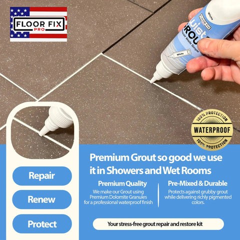 Twist And Grout Reviver Premixed Tile Repair For Bathroom, Shower And Kitchen with smoothing tool applied to tile grout line.