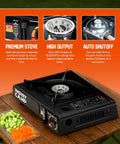 Dual Fuel Portable Camping Stove 3000W With Butane And Propane, Auto Ignition, Adjustable Flame on wooden table with veggies
