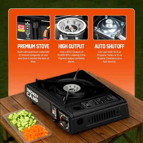Dual Fuel Portable Camping Stove 3000W With Butane And Propane, Auto Ignition, Adjustable Flame on wooden table with veggies