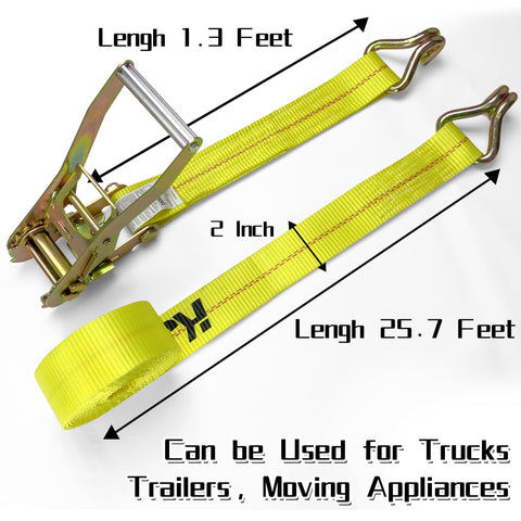 2 Inch By 27 Feet Ratchet Strap Tie Downs With J Hook Ends, Pro Grade Heavy Duty Cargo Straps, yellow strap with hooks