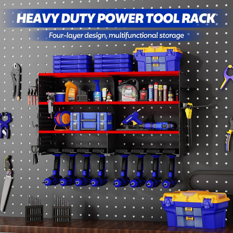 Beefed Up Heavy Duty Power Tool Organizer Wall Mount Rack With Four Levels And Eight Drill Holders For Cordless Tools 180 Pound Capacity Garage Shop Workbench Storage Solution