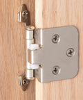 Metal self closing cabinet hinge mounted on wooden door, 50 pack, variable overlay flush mount kitchen cabinet door hardware with free mounting hardware.