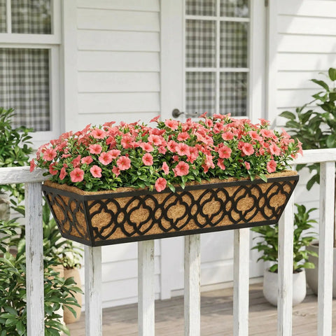 Adjustable Deck Railing Planter Boxes For Balcony Gardens Fits Railings From 2.1 To 6.3 Inches with flowers, metal design