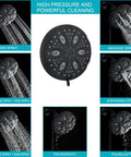 High Pressure Handheld Shower Head With 8 Settings showing various spray modes and matte black finish