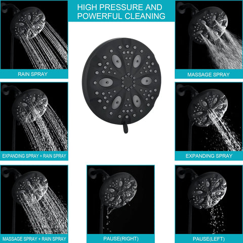 High Pressure Handheld Shower Head With 8 Settings showing various spray modes and matte black finish