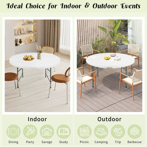 5 Foot Round Folding Table With Carrying Handle White Portable Plastic Table For Parties Dining Weddings Camping Picnics And Indoor Outdoor Events That Folds In Half For Easy Storage And Grab And Go Transport indoors and outdoors