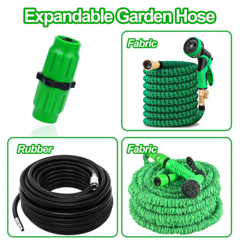 Expandable Garden Hose Repair Kit With Four Dual Channel Connectors And Metal Clamp Quick Fix For Damaged Hoses Save Money And Extend Life Fits Three Quarter Inch Or Five Eighths Inch Garden Hose Fittings Easy DIY Upgrade No Brainer featuring green connectors and rubber hoses in various styles