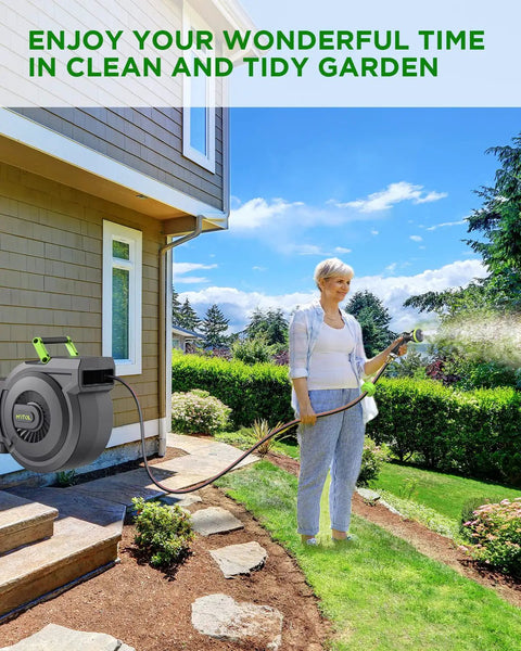 Heavy Duty Retractable Garden Hose Reel With Auto Slow Rewind 82 Feet Of Hose Plus 6 Foot Wall Mount in garden use