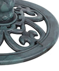 Close-up view of the base of 28 Inch Height Polyresin Bird Bath With Antique Verdigris Finish, Weather Resistant Pedestal Garden Decor.