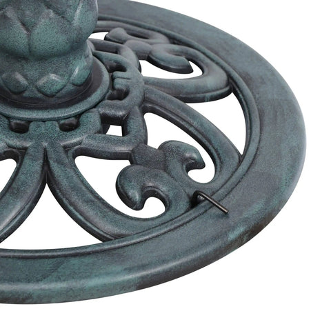 Close-up view of the base of 28 Inch Height Polyresin Bird Bath With Antique Verdigris Finish, Weather Resistant Pedestal Garden Decor.