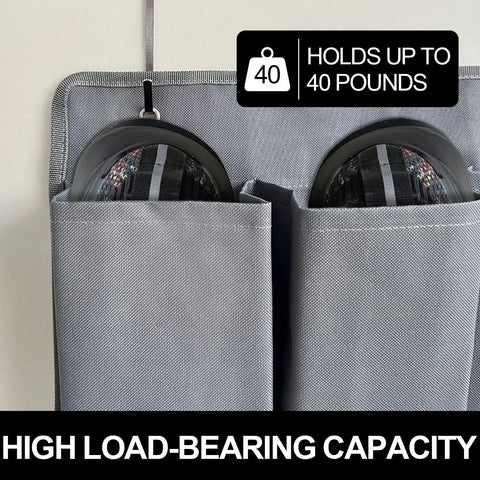 Grey overbed hanging shoe organizer with ten pockets showing high load-bearing capacity up to 40 pounds.