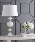 Pearl White Fluted Glass LED Table Lamp 30 Inch With Stacked Sphere Crystal Base White Faux Silk Shade Energy Saving LED Bulbs Included