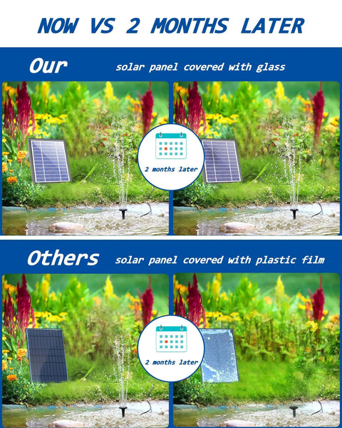 Comparison of Sun Powered Solar Fountain Kit For Bird Bath And Backyard Water Feature with glass vs plastic solar panels.