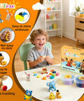 Child playing with Air Dry Clay Kit For Kids With 12 Animal Sculpting Molds And 4 Vibrant Colors, modeling clay on a table.